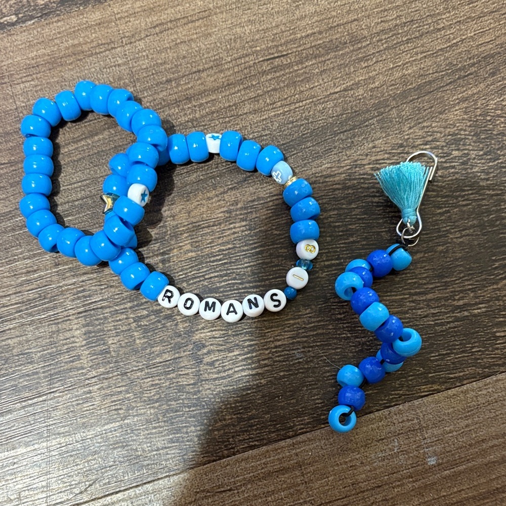 Homemade Blue bible verse Kandi bracelet with charm (Romans 1:8)